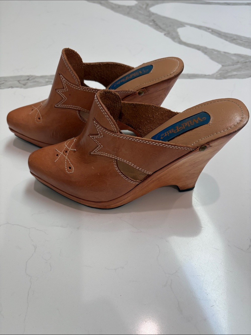 Wild Pair Women's Brown Leather Wedge Mules
